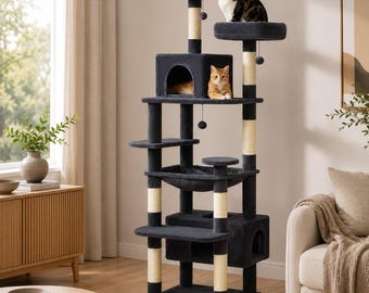 Torre rascador de felpa de 164 cm con postes rascadores de sisal, casita y hamaca para gatos de interior.