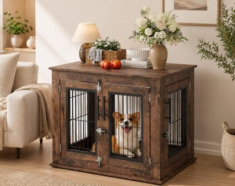 Mueble rústico de madera con forma de jaula para perros y barrotes de metal, mesa auxiliar para caseta de mascotas de interior.
