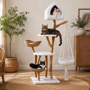 71" Boho Pear Wood Cat Tower with Macrame Hammock Woven Baskets for Large Cats Indoors