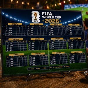 May include: A rectangular FIFA World Cup 2026 tournament bracket board featuring twelve groups labeled A through L with team abbreviations and empty score columns. The board displays the official logo at the top and rests on a black metal stand.