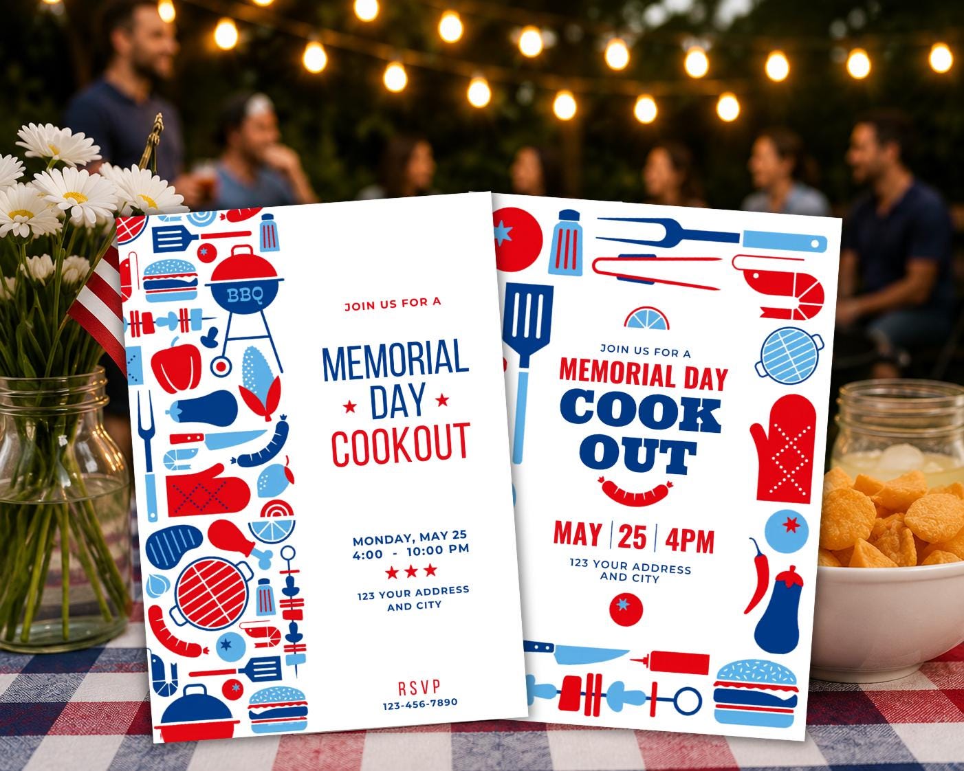 Modern Memorial Day Cookout Invitation Template Bundle (digital ...