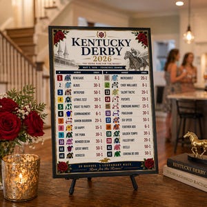 May include: A framed Kentucky Derby 2026 sign with a list of horses and their odds, displayed on a small easel. The sign is decorated with red roses and a gold horse statue.