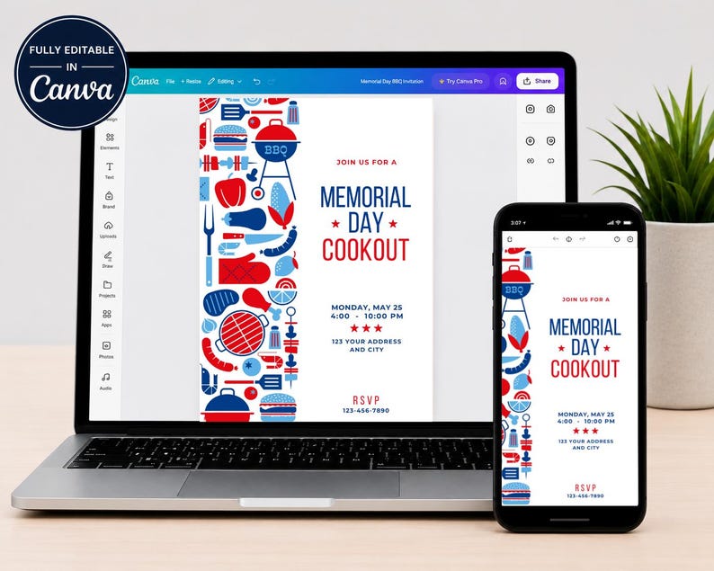 Modern Memorial Day Cookout Invitation Template Bundle (digital ...