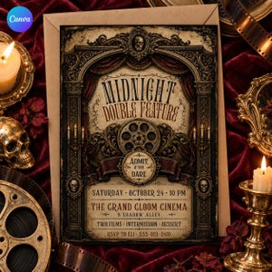 May include: A rectangular invitation card featuring a vintage theater archway design with ornate carvings, skulls, and film reels. The text reads Midnight Double Feature, Admit If You Dare, Saturday October 24, 10 PM, The Grand Gloom Cinema, 9 Shadow Alley.
