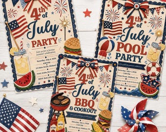 May include: Three rectangular 4th of July party invitations featuring patriotic themes with American flags, fireworks, bows, and food illustrations. The text includes event details for a party, pool party, and BBQ cookout on July 4, 2026, in Midland, TX.