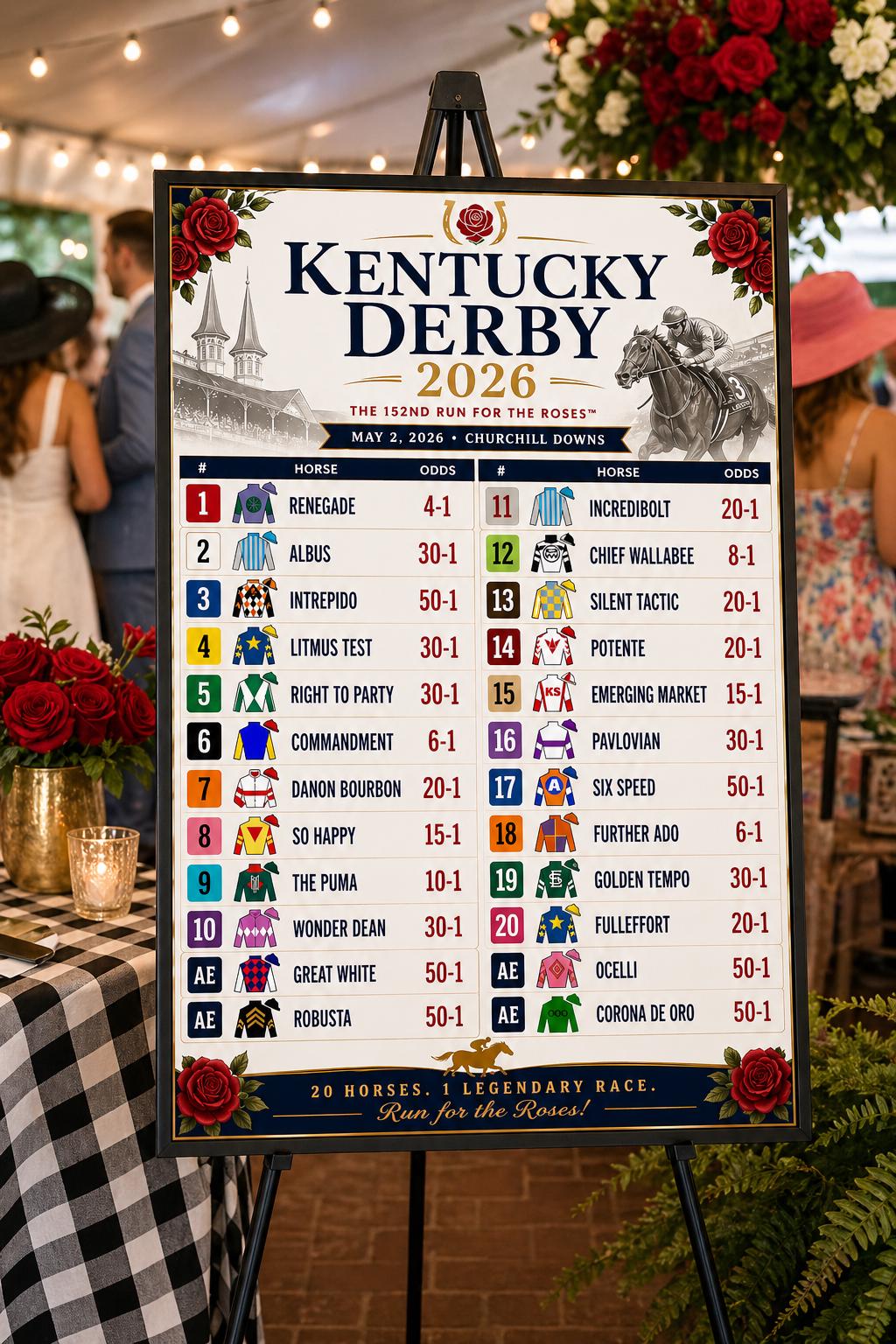 Discover Kentucky Derby 2026 Poster | Horse Lineup & Odds Chart | Derby Party Decor