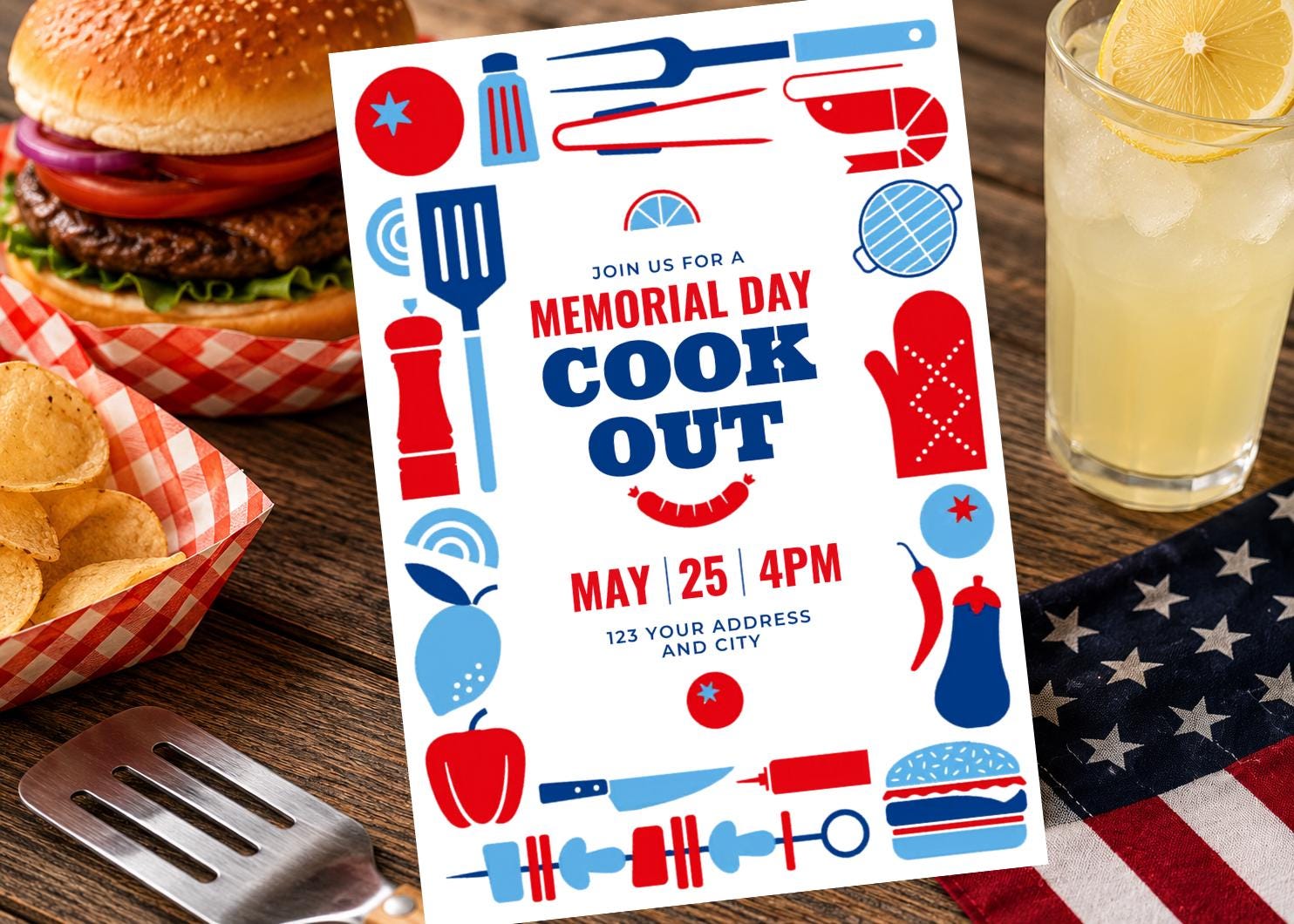Modern Memorial Day Cookout Invitation Template Bundle (digital ...