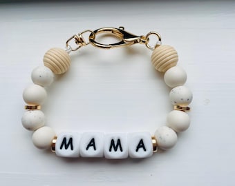 Mama Beaded Phone Wrist Strap | Neutral Silicone Bead Phone Charm | Handmade Phone Lanyard | Gold Accent Wristlet | Gift for Mum