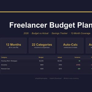 Op de afbeelding: Een donkerblauwe digitale budgetplanner getiteld "Freelancer Budget Planner" met witte tekst. Het bevat secties voor 12 maanden, 22 categorieën, automatische berekening en elke valuta. Een voorbeeld budgettabel toont categorieën, budget, actueel, variantie en risiconiveaus.
