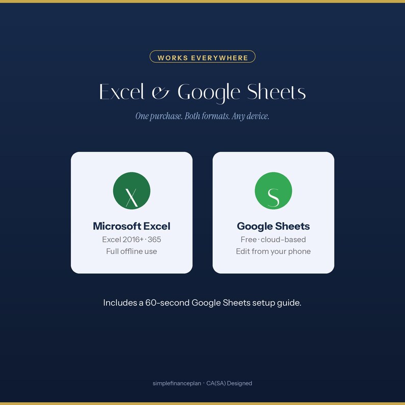 K&ouml;nnte beinhalten: Eine dunkelblaue digitale Grafik, die die Kompatibilit&auml;t f&uuml;r Excel & Google Sheets anzeigt. Sie enth&auml;lt zwei wei&szlig;e Quadrate mit gr&uuml;nen Kreisen, die X- und S-Symbole zeigen, sowie Funktionen wie Excel 2016+ 365, Offline-Nutzung und Cloud-Bearbeitung.