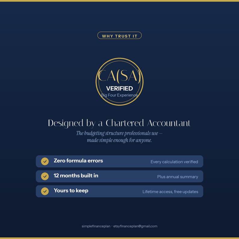 K&ouml;nnte beinhalten: Eine dunkelblaue digitale Grafik mit goldenem Text, der WHY TRUST IT liest, und einem kreisf&ouml;rmigen Logo mit der Aufschrift CA(SA) VERIFIED Big Four Experience. Es enth&auml;lt den Text Designed by a Chartered Accountant und drei Aufz&auml;hlungspunkte.
