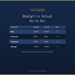 K&ouml;nnte beinhalten: Eine dunkelblaue Finanz&uuml;bersicht mit dem Titel Budget vs Actual, line by line. Sie listet Kategorien wie Rent, Groceries, Transport und Savings mit Spalten f&uuml;r Budget, Actual und Diff auf. Der Text lautet See it working und Know exactly where every dollar, pound or rand goes.