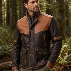 Puede incluir: Una chaqueta de cuero bicolor con cuerpo marrón oscuro y paneles de cuero tostado en la parte superior del pecho, hombros y puños. La chaqueta incluye un cuello alzado, una tapeta frontal con botones de presión metálicos y dos bolsillos.