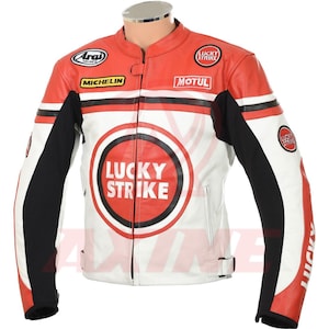 Chaqueta de cuero Lucky Strike Racing de inspiración vintage – Equipamiento retro para motociclistas (estilo Suzuki)