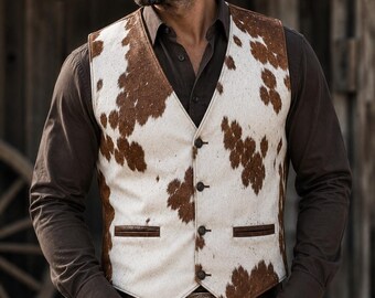 Gilet en cuir de vachette pour homme - Gilet western en cuir véritable à poils - Gilet de ranch de cowboy - Gilet de motard fait main - Cadeau