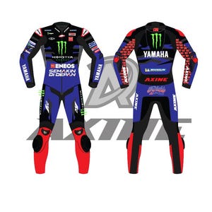 May include: A racing suit with a black, blue, and red color scheme. The suit features the Yamaha and Monster Energy logos, along with the text "ENEOS SEMAKIN DI DEPAN". The suit has a front and back view.