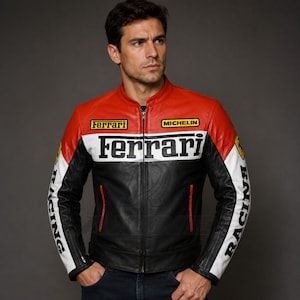 Blouson en cuir inspiré de la F1 Ferrari pour homme - Blousons aviateur streetwear racing noir et rétro pour homme