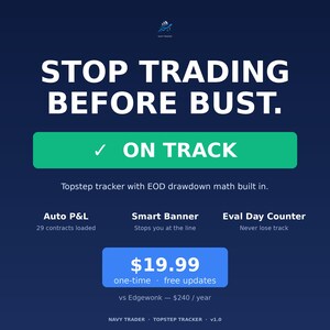 May include: A dark blue digital graphic for Navy Trader Topstep Tracker. Text reads: STOP TRADING BEFORE BUST. ON TRACK. Topstep tracker with EOD drawdown math built in. Auto P&L, Smart Banner, Eval Day Counter. $19.99 one-time, free updates vs Edgewonk.