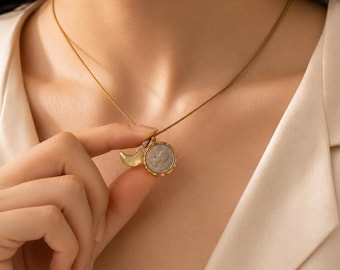 Original Design Coin Pendant Necklace, Gold-Tone Chain with Yellow Crystal Moon Charm, Vintage Inspired Long Necklace, Unique Gift for Her