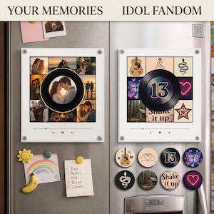 May include: Two square acrylic photo displays with a central vinyl record graphic, featuring collage photos on the left and illustrated icons on the right. Below are eight circular magnets with matching designs, a rainbow drawing, and a grocery list.