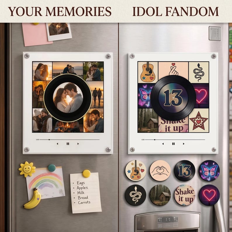 May include: Two square acrylic photo displays with a central vinyl record graphic, featuring collage photos on the left and illustrated icons on the right. Below are eight circular magnets with matching designs, a rainbow drawing, and a grocery list.