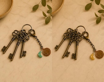 Original Design Lucky Sixpence Keychain, Vintage Coin Bag Charm with Crescent Moon, Handmade Celestial Keyring, Good Luck Gift for Her