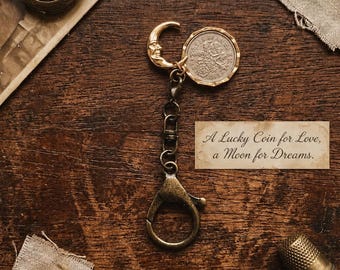Original Design Lucky Sixpence Keychain, Artisan Moon Bag Charm, Handmade Celestial Jewelry, Vintage Coin Keyring, Mystical Gift for Her
