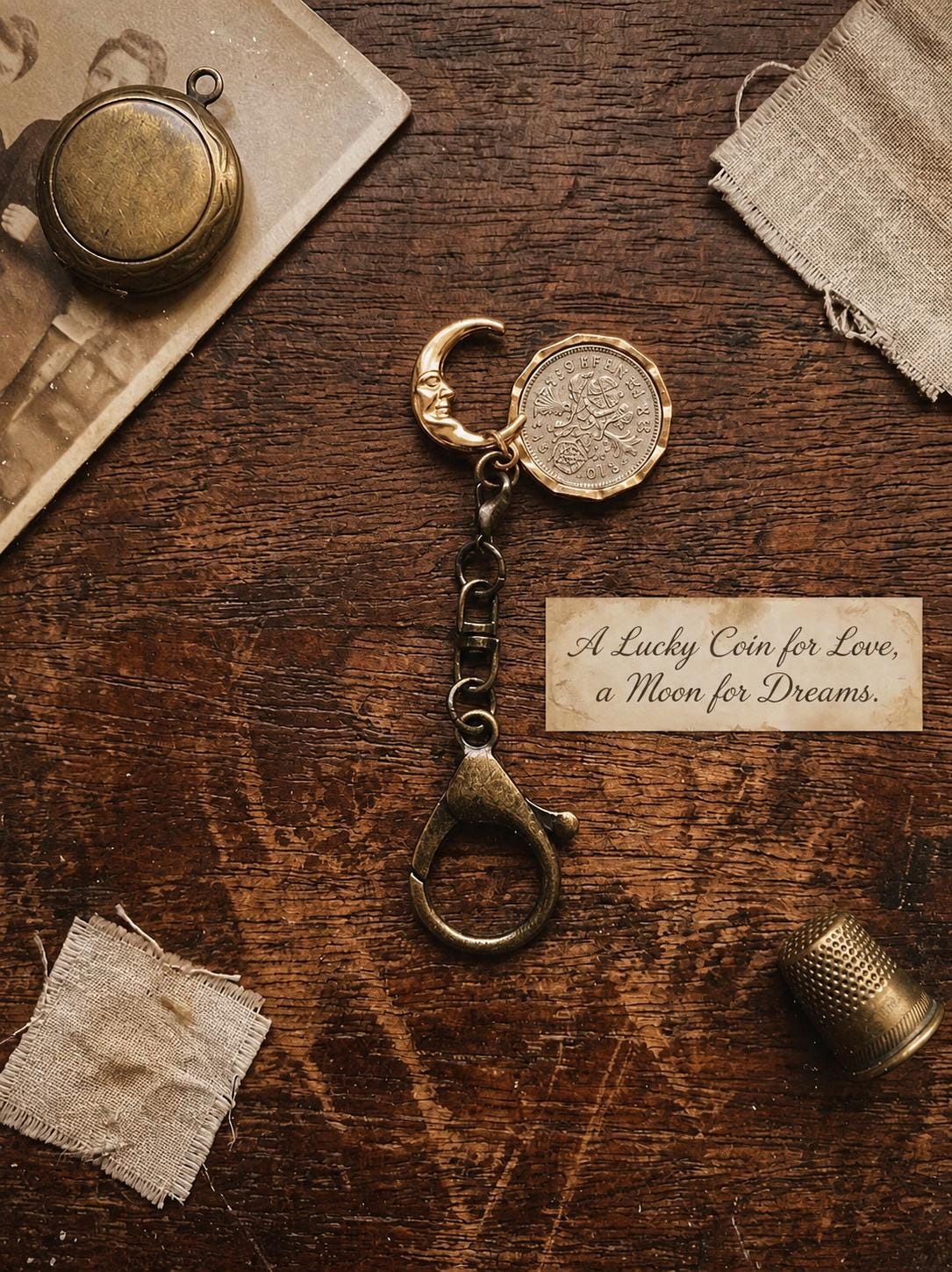 Original Design Lucky Sixpence Keychain, Artisan Moon Bag Charm