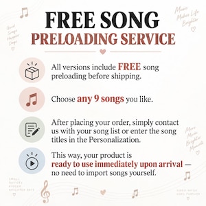 May include: An informational graphic titled FREE SONG PRELOADING SERVICE. It explains that customers can choose 9 songs to be preloaded before shipping. It includes four icons: a box, a musical note, a document with a pen, and a play button.