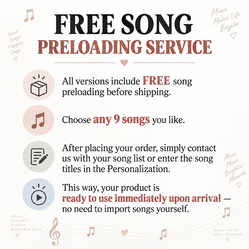 May include: An informational graphic titled FREE SONG PRELOADING SERVICE. It explains that customers can choose 9 songs to be preloaded before shipping. It includes four icons: a box, a musical note, a document with a pen, and a play button.