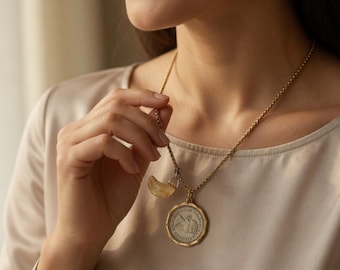 Original Design Moon and Sixpence Citrine Necklace, Vintage British Coin Jewelry, Literary Gift