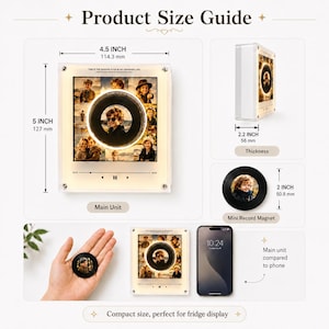 May include: A square acrylic photo frame measuring 4.5 inches by 5 inches with a 2.2-inch thickness, featuring a collage of photos and a central circular record-shaped insert. Includes a 2-inch diameter circular record magnet and a smartphone for scale.