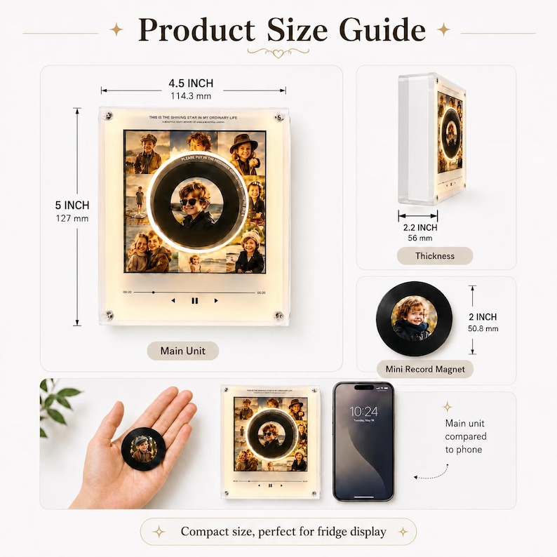 May include: A square acrylic photo frame measuring 4.5 inches by 5 inches with a 2.2-inch thickness, featuring a collage of photos and a central circular record-shaped insert. Includes a 2-inch diameter circular record magnet and a smartphone for scale.