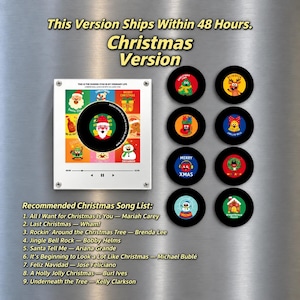 May include: A square white plaque featuring a grid of nine colorful Christmas-themed illustrations and a central black vinyl record graphic with a Santa face. Eight circular black magnets accompany the plaque, each displaying a unique holiday icon.