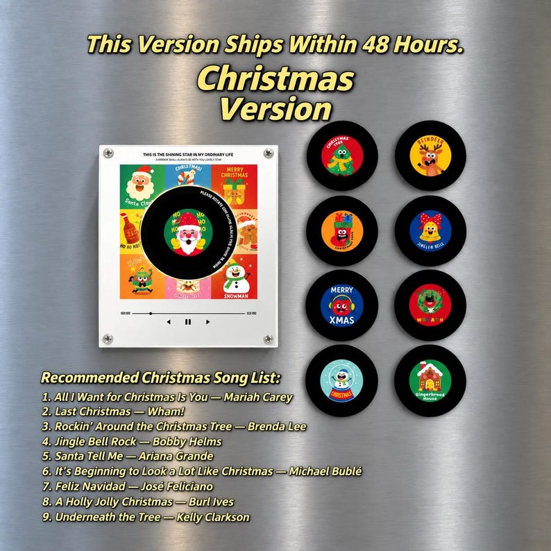 May include: A square white plaque featuring a grid of nine colorful Christmas-themed illustrations and a central black vinyl record graphic with a Santa face. Eight circular black magnets accompany the plaque, each displaying a unique holiday icon.
