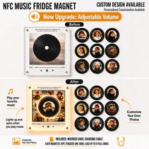 May include: A square NFC music fridge magnet display featuring a central circular vinyl record graphic, playback controls, and text. It includes nine circular magnetic photo attachments, a microSD card, and a charging cable for audio playback.