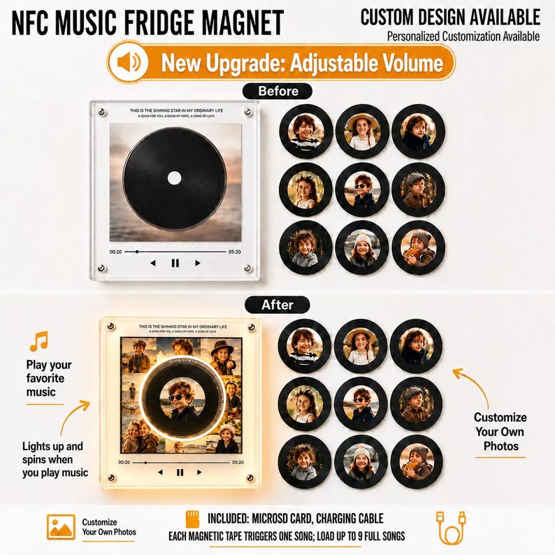 May include: A square NFC music fridge magnet display featuring a central circular vinyl record graphic, playback controls, and text. It includes nine circular magnetic photo attachments, a microSD card, and a charging cable for audio playback.