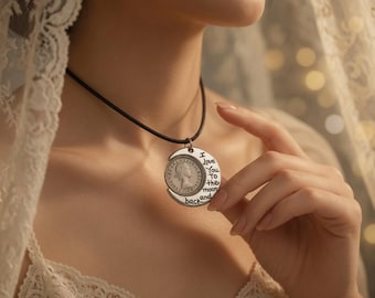 Original Design Vintage "Moon and Sixpence" Coin Necklace | British Sixpence Crescent Pendant | Black Leather Cord & Free Silver Chain
