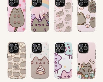 A Cute Pusheen Cat Phone Case, Kawaii Cartoon Cat iPhone Case, Pastel Aesthetic Cute Kitty Cover, Gift for Cat Lovers, Cute Animal Case