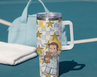 40oz Curious George Tumbler With Handle, Insulated Stainless Steel Travel Mug
