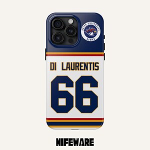 May include: A navy blue and white phone case with the text "DI LAURENTIS" and the number "66" in navy blue. The case features a Briar University Hawks logo and the word "NIFEWARE" at the bottom.