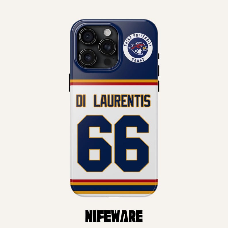 May include: A navy blue and white phone case with the text "DI LAURENTIS" and the number "66" in navy blue. The case features a Briar University Hawks logo and the word "NIFEWARE" at the bottom.