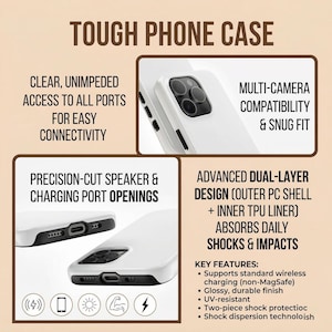 K&ouml;nnte beinhalten: Wei&szlig;es Handycase mit dem Text "TOUGH PHONE CASE". Das Case verf&uuml;gt &uuml;ber pr&auml;zise Aussparungen f&uuml;r Lautsprecher und Ladeanschluss, Multi-Kamera-Kompatibilit&auml;t und eine passgenaue Passform. Es unterst&uuml;tzt kabelloses Laden und hat eine gl&auml;nzende, haltbare Oberfl&auml;che.