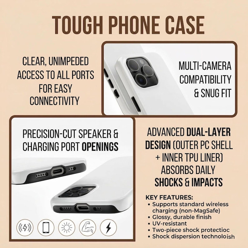 K&ouml;nnte beinhalten: Wei&szlig;es Handycase mit dem Text "TOUGH PHONE CASE". Das Case verf&uuml;gt &uuml;ber pr&auml;zise Aussparungen f&uuml;r Lautsprecher und Ladeanschluss, Multi-Kamera-Kompatibilit&auml;t und eine passgenaue Passform. Es unterst&uuml;tzt kabelloses Laden und hat eine gl&auml;nzende, haltbare Oberfl&auml;che.