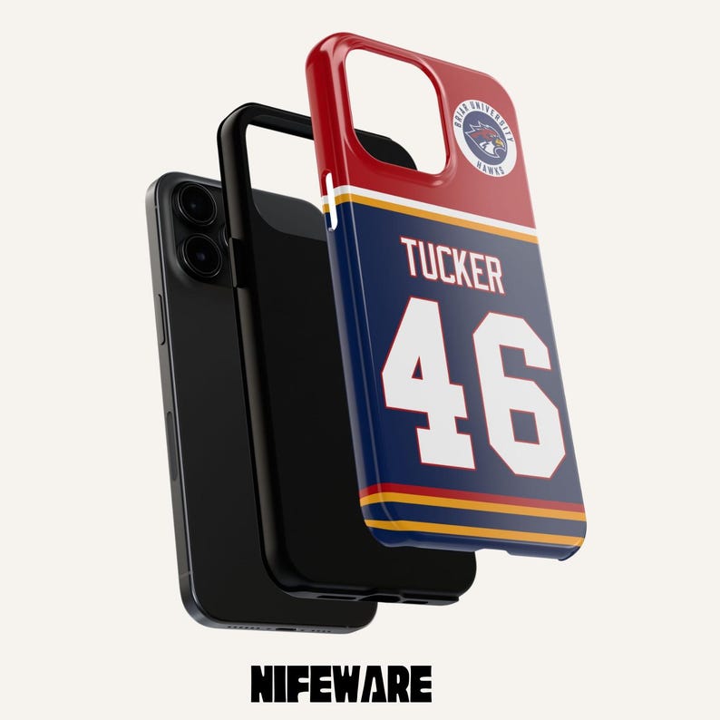 May include: A phone case with a jersey design. The case is navy blue with the name "Tucker" and the number "46" in white. The top is red with a team logo. The phone and case are black. The word "NIFEWARE" is at the bottom.