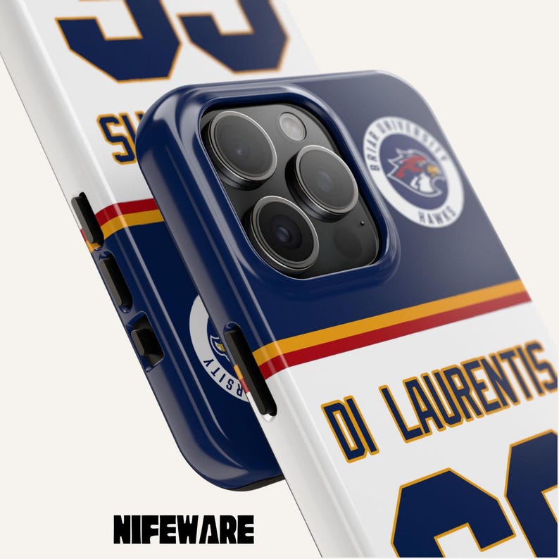 May include: A navy blue and white phone case with the text "Di Laurentis" and the number "33". The case features a red and gold stripe and a university logo. The brand name "NIFEWARE" is printed at the bottom.
