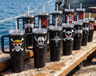 OP Pirates 40oz Tumbler, Straw Hat, Blackbeard, Big Mom, Buggy, Anime Pirates Water Bottle with Handle