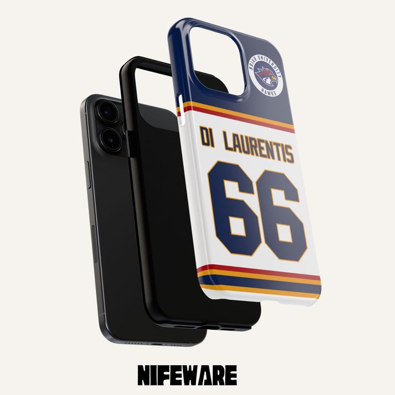 May include: A white and navy blue phone case with the name "Di Laurentis" and the number "66" in navy blue. The case has a team logo at the top and a red, yellow, and blue stripe design. The brand name "NIFEWARE" is at the bottom.