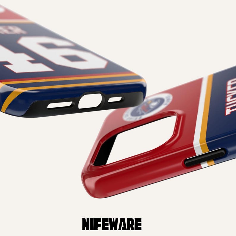 May include: Two phone cases with a sports-themed design. One case is red and blue with white and yellow stripes, the other is blue with white numerals. The cases have cutouts for the camera and buttons. The brand name "NIFEWARE" is at the bottom.