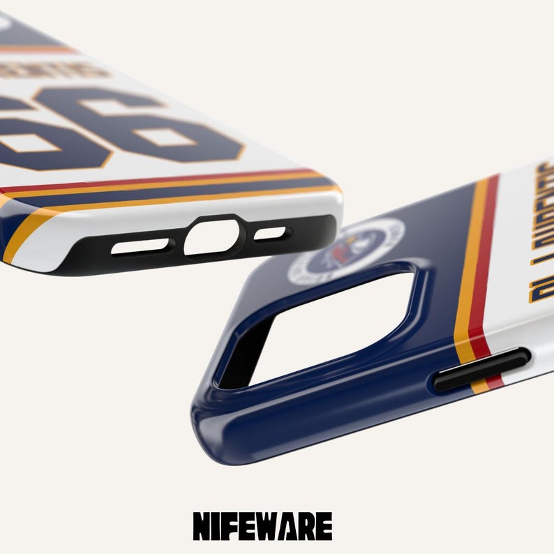 May include: Two phone cases with a navy blue, white, and gold design. One case displays the number "66" in white. The other case has the text "IL LAURENTIS". The cases have a black border and the brand name "NIFEWARE" is printed at the bottom.